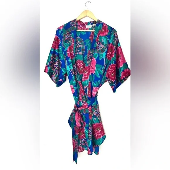 Kathryn Vibrant Vintage 80’Baroque Floral Jewel Tone Satin Lingerie Kimono Robe - Picture 2 of 7
